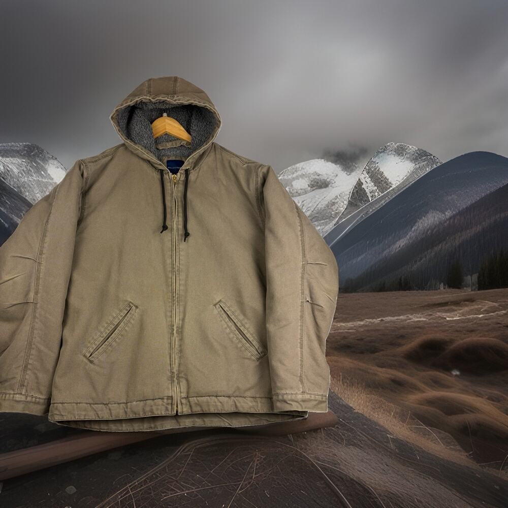 Falls Creek Jacket Men’s L Brown Canvas Sherpa Lined Hooded Work Chore Coat